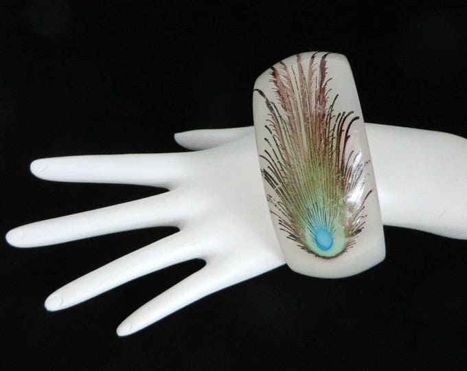 White Lucite Bracelet - Vintage Lucite Bangle, Peacock Feather Bracelet, Chunky Bangle