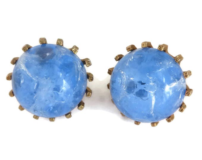 Vintage Blue Marbled Earrings, Lucite Button Clip-ons, Signed "STAR" Earrings