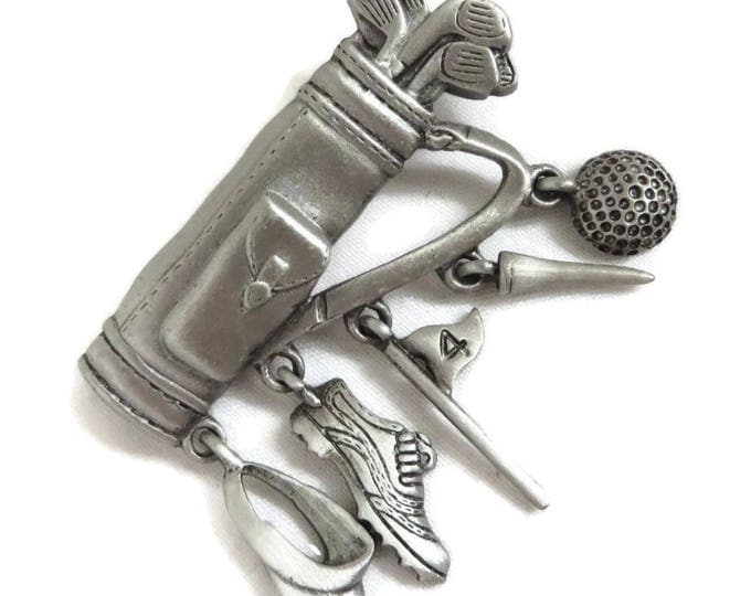 Golf Bag Brooch, Pewter Pin, Vintage Signed J Jonette Pin, Dangling Golf Accessories, Golfer Gift
