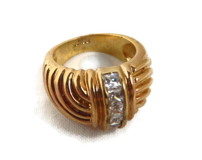 18K Gold Plated Dome Ring, Vintage Rhinestone Studded Swirl Band Cocktail Ring, Size 8