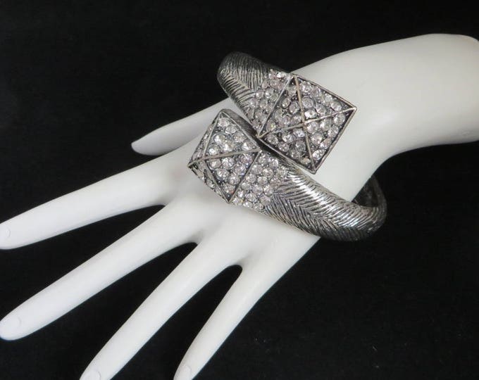 Rhinestone Clamper Bracelet - Vintage Silver Tone Wrap Bracelet, Party Jewelry, Gift idea