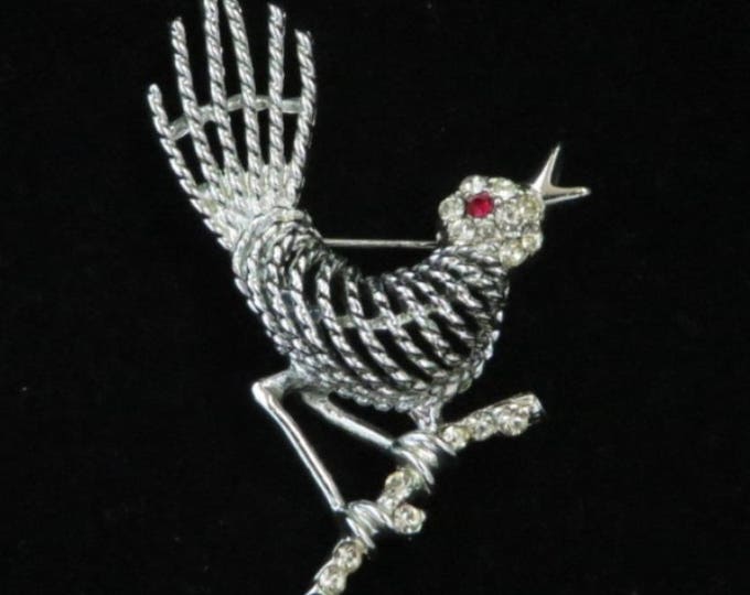 Vintage BSK Bird Brooch, Silver Tone Rhinestone Bird on a Branch, Signed BSK Pin