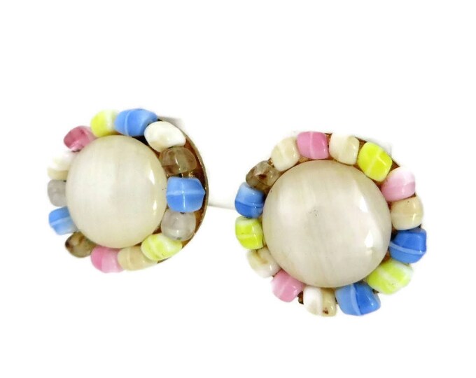 Trifari Glass Button Earrings, Vintage Pastel Earrings, Signed Designer Clip-on Earrings