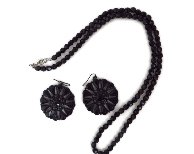 Black Bead Necklace, Earrings - Vintage Faceted Bead Necklace, Bead and Glass Pinwheel Pierced Dangle Earrings, Jet Jewelry Set Black Bead Necklace, Earrings - Vintage Faceted Bead Necklace, Bead and Glass Pinwheel Pierced Dangle Earrings, Jet Jewelry Set