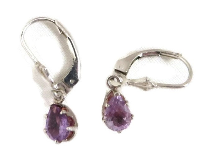 Sterling Silver Faux Amethyst Earrings, Vintage Pierced Leverback Dangling Earrings