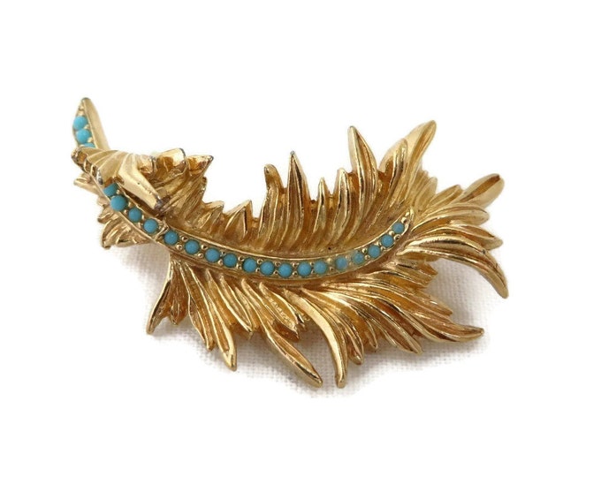 Ciner Gold Tone Leaf Brooch, Vintage Turquoise Beaded Curly Leaf Pin, Signed Designer Gift for Her