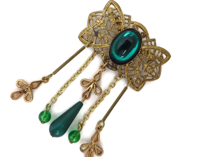 Dangling Bead Pin, Vintage Gold & Green Dangling Bead Brooch, Mid-Century Gold Tone Filigree Pin