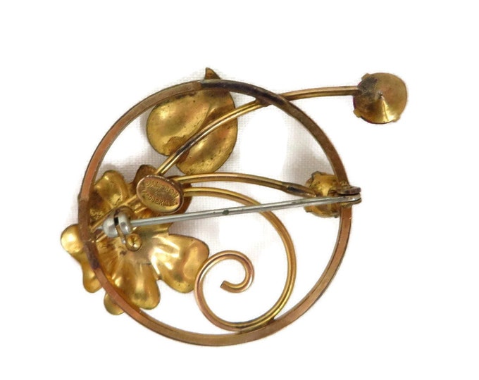 Circle Pin, Vintage Gold Filled Designer Brooch, BAL-RON 1/20 12K GF Circle Pin, Red Rhinestone Flower Brooch, Gift for Her Circle Pin, Vintage Gold Filled Designer Brooch, BAL-RON 1/20 12K GF Circle Pin, Red Rhinestone Flower Brooch, Gift for Her
