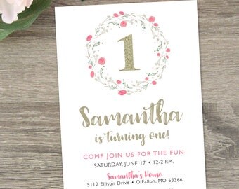 Pink and Gold First Birthday Invitation | Floral First Birthday Invitation | 1st Birthday Girl