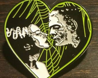 FRANKENSTEIN and BRIDE Heart Enamel Pin Horror of classic scary movie patch