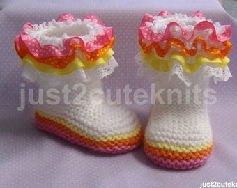 Hand Knitted Designer Baby Girl Booties Ribbons and Lace Newborn Special Occasion Baby Shower Original Reborn Doll #91
