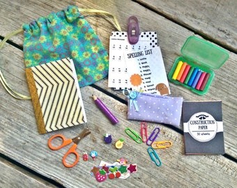 Doll School Set ~ Back to School Drawstring Backpack Set for 18" Dolls ~ Fits American Girl Doll