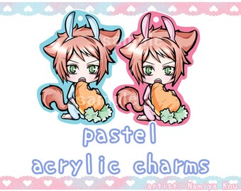 Kawaii Catboy CHARM, 1.5" Acrylic Charm, Cute Manga Bunny Phone Strap, Original Chibi Illustration, Pastel Colored, Anime Boys Key Chain