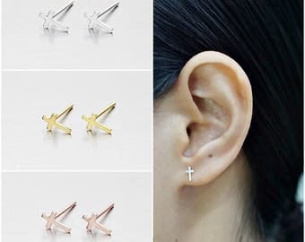 925 Sterling Silver Earrings, Cross Earrings, Gold Plated Earrings, Rose Gold Plated Earrings, Stud Earrings (Code : E48A)