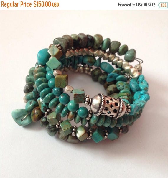 ON SALE Turquoise Cuff with sterling and white brass