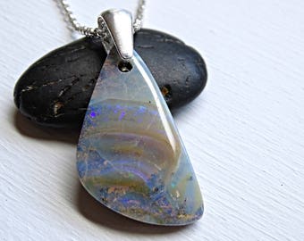 boulder opal pendant silver, natural opal necklace silver, mens opal necklace, mens crystal pendant, Australian opal october birthstone