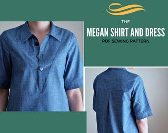 Megan Shirt: PDF printable Sewing Pattern. Button up shirt for women, printable PDF pattern in size 4 to 22, plus sizes included.