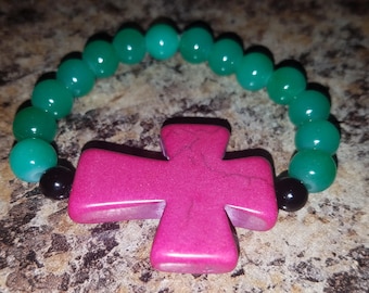 Turquoise beaded pink cross bracelet