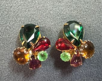 Colorful Vintage Rhinestone Clip Earrings- Free shipping