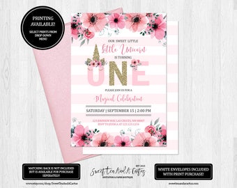 Unicorn First Birthday Invitation Girls Party Invites Magical Celebration Fairy Tale Pink Floral Printable Digital File or Prints