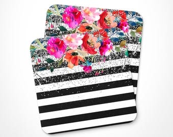 Floral Watercolor Coaster - Black White Stripe Coaster - Rose Silver Glitter