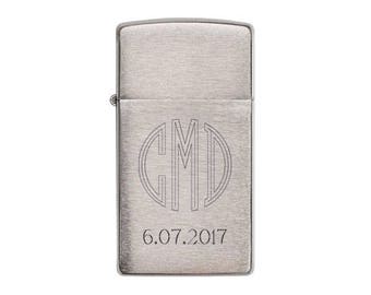 Personalized Zippo Lighter, Zippo Slim Brushed Chrome Lighter, Groomsmen Gifts, Wedding Gifts, Birthday Gift, Anniversary Gift - Z1600