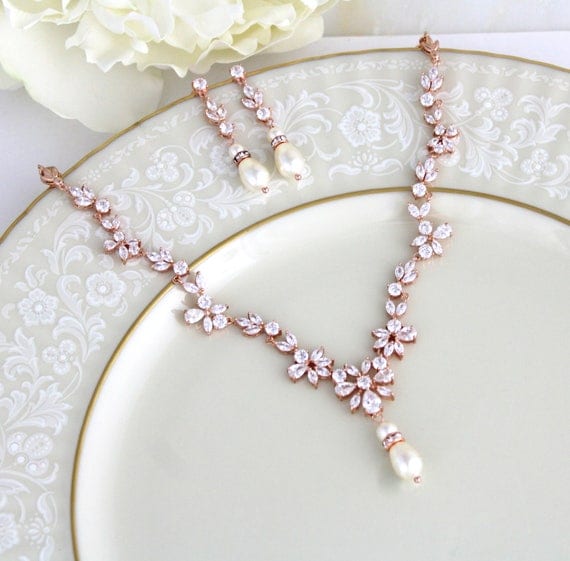 Rose gold necklace Bridal jewelry set Rose gold earrings