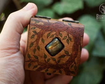 wooden box, jewelry box, custom box, keepsake box, casket, beautiful box, box for rings, labradorite, floral ornament, little box, tiny box