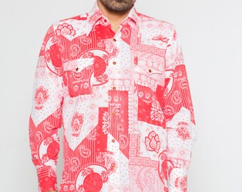 VTG 70's Wrangler Red Bandana Style Long Sleeve Pearl Western Button Down