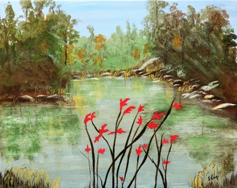 Original acrylic painting "Highlands Lake," small 14 x 11, unframed on gallery wrap canvas by Sharon Eng