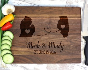 Engraved Cutting Board - States and Hearts - Wedding Anniversary Gift