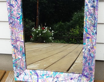 Vintage, decorative wall mirror, pastel, splatter-paint mirror in blues, pinks, purples and silver