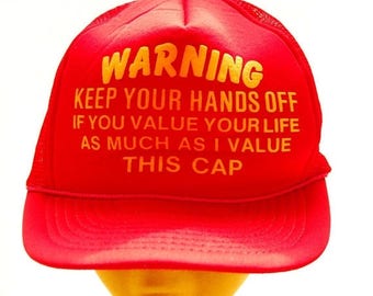 SALE 70s 80s Vintage Snapback hat / WARNING Custom Trucker Hat / Yellow Red Baseball Cap / Hipster Mesh Hat / Humor Funny Snap Back Farmer H