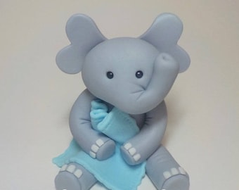 Fondant Elephant Cake Topper with Blanket Boy Girl 1st Birthday Baby Shower Lt. Blue or Pink Custom Color Option