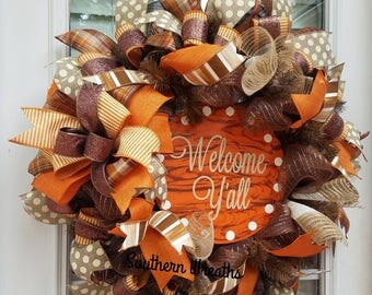 Fall Welcome Y'all Door Wreath,Orange Fall Deco Mesh Fall Wreath, Front Door Wreath, Thanksgiving Door Decoration,
