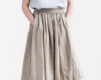 Linen skirt with deep pockets / A - line washed linen skirt in natural color / Midi linen skirt / High waist linen skirt