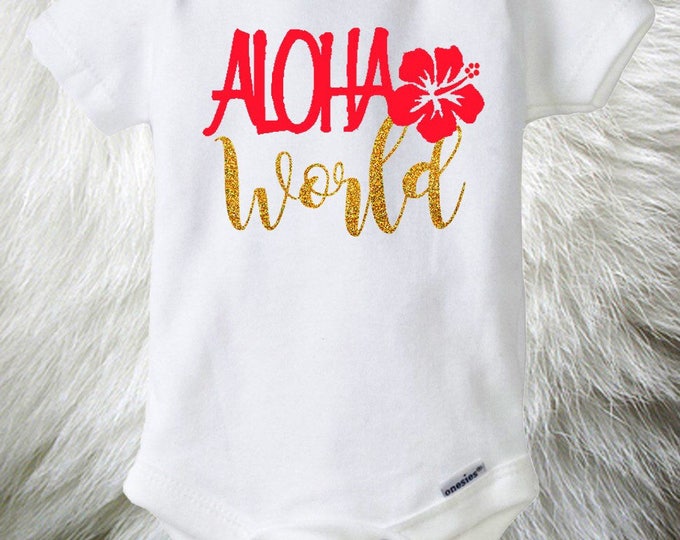 Aloha World Pink & Gold Glitter Baby Onesies®, Baby Bodysuit, Hawaii Baby, Island Baby, Surfer Girl, Beach Baby, Hibiscus, Baby Gift