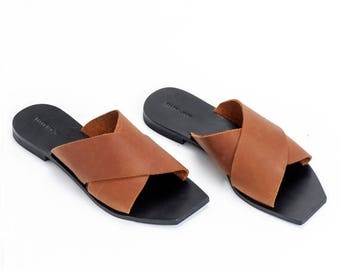 brown flat slip on sandals