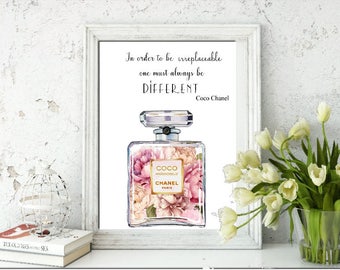 Glossy Print of Chanel Bottle Watercolour with flowers & Quote A4 In order to be irreplacable one must always be different - Unframed