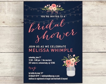 Navy and Coral Flower Bridal Shower Invitation