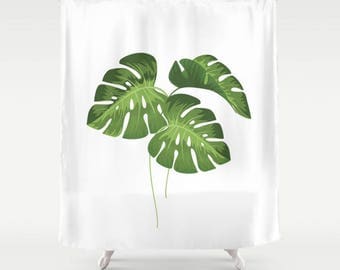 Shower Curtain - Monstera Leaves - 71"x74", Home, Bathroom, Bath, Dorm, Girl, Kids, Christmas, Decor, White, Green, Gift, Abstract, School