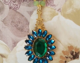 Statement Necklace, Repurposed, Upcycled Jewelry, Green Blue Glass Crystal Pendant, Layering Necklace, Costume Jewelry, Glam, Bling, OOAK