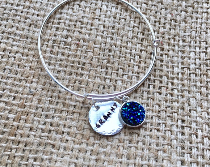 Grandmom Bracelet, Custom Name Bangle, Druzy Bangle, Gemstone Name Bangle, Stamped Name Bangle, Custom Name Bracelet, Faux Druzy Bangle