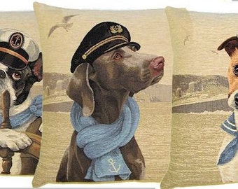 Set of 3 Nautical Dog Pillow Covers - French Bulldog, Weimaraner, Jack Russell Belgian Tapestry Cushion Cover Set 18x18 - PC-5234/3