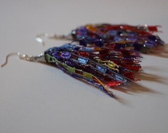 Rainbow Tassel Earrings, Ribbon Tassel Earrings, Ladder Yarn Earrings, Ribbon Earrings, Yarn Earrings, Fringe Earrings, Dangle Earrings