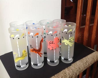Vintage Libby Frosted Glasses Carousel 8 Different Animals