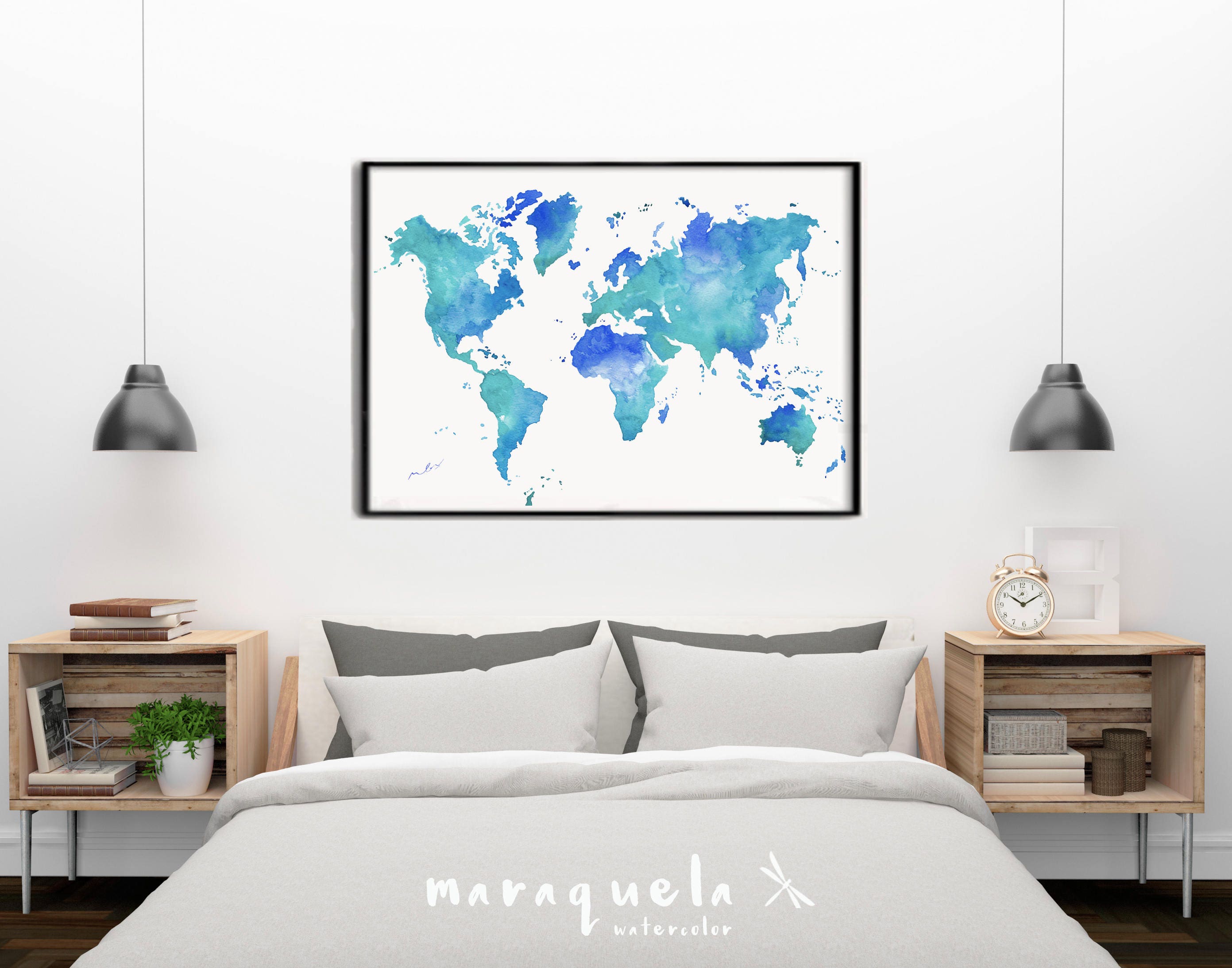 ORIGINAL world map WATERCOLOR Turquoise & blue Large Wall Art
