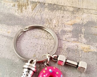 Dumbell and donuts Keychain, workout motivation keychain, foodie, donut lover, coffee and donuts, geeky keychain, coffee lover, donut
