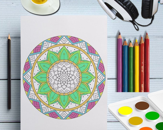 Printable Instant Download Digital Adults Mandala Coloring Page PDF, Hand Drawn Beautiful Mandala Flower And Circles, Relaxing Art Therapy