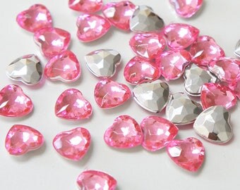 Pink (Heart Shape) 10mm Acrylic Faceted Gem Silver Foiled Pointed Back Rhinestones Craft NO holes Jewels